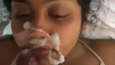 Huge facial cum upon mouth watery blowjob by wife